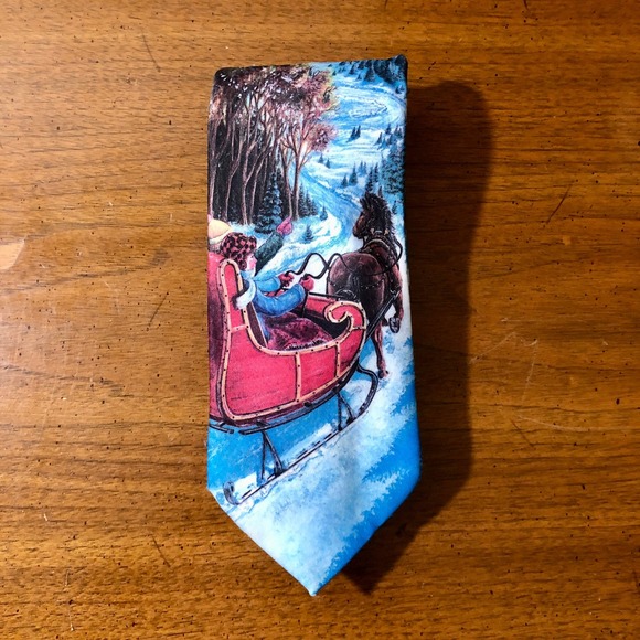 Perfect‎ Winter Holiday Necktie Scenic Alpine Sleigh Ride Scene Ralph Marlin - Picture 1 of 9